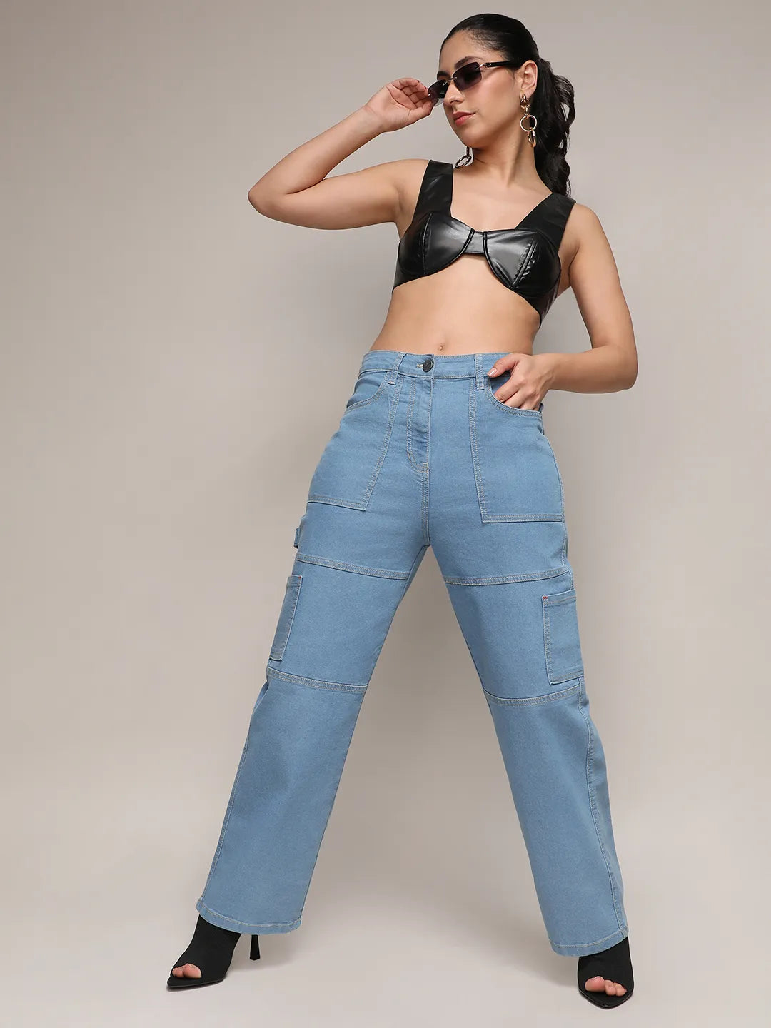 Women Blue Straight Fit Cargo Denim Jeans