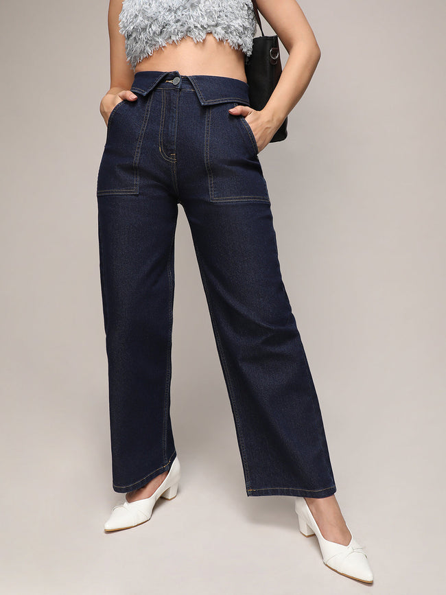 Women Blue Collared Denim Jeans