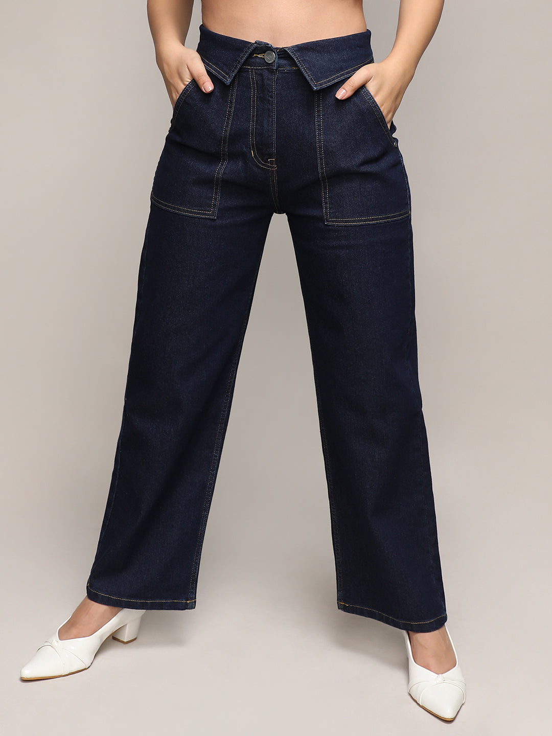 Women Blue Collared Denim Jeans