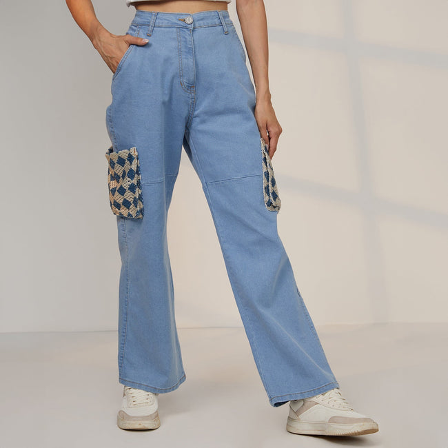 Women Blue Contrast Patch Denim Jeans