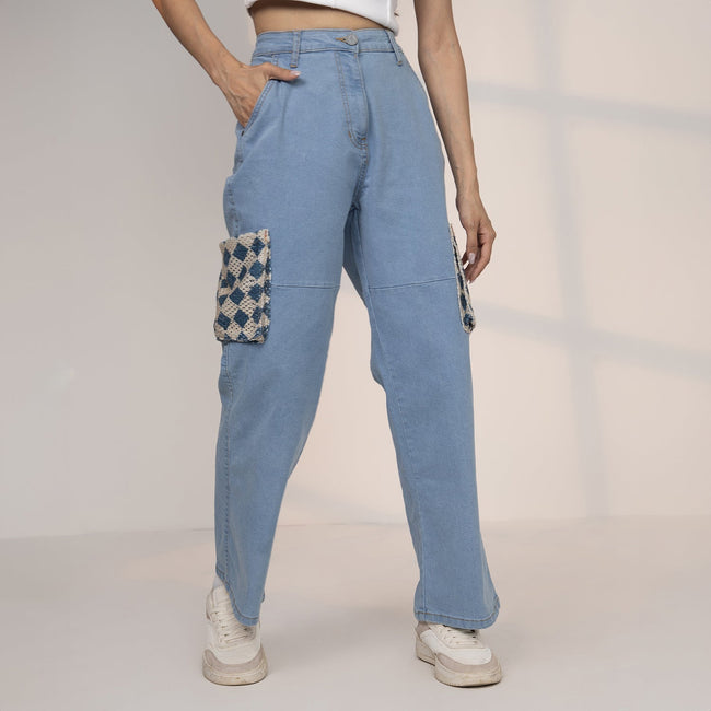 Women Blue Contrast Patch Denim Jeans