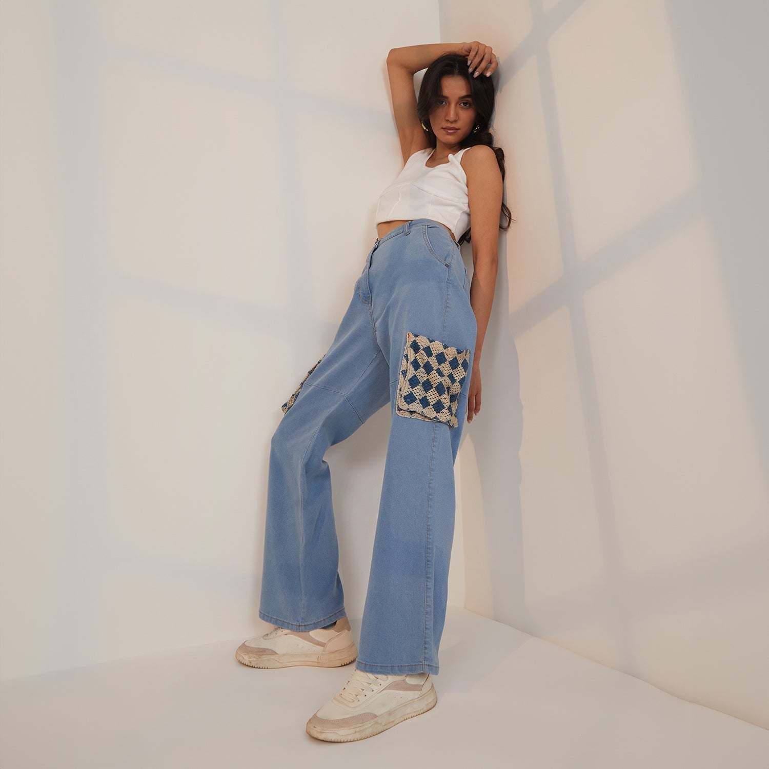 Women Blue Contrast Patch Denim Jeans
