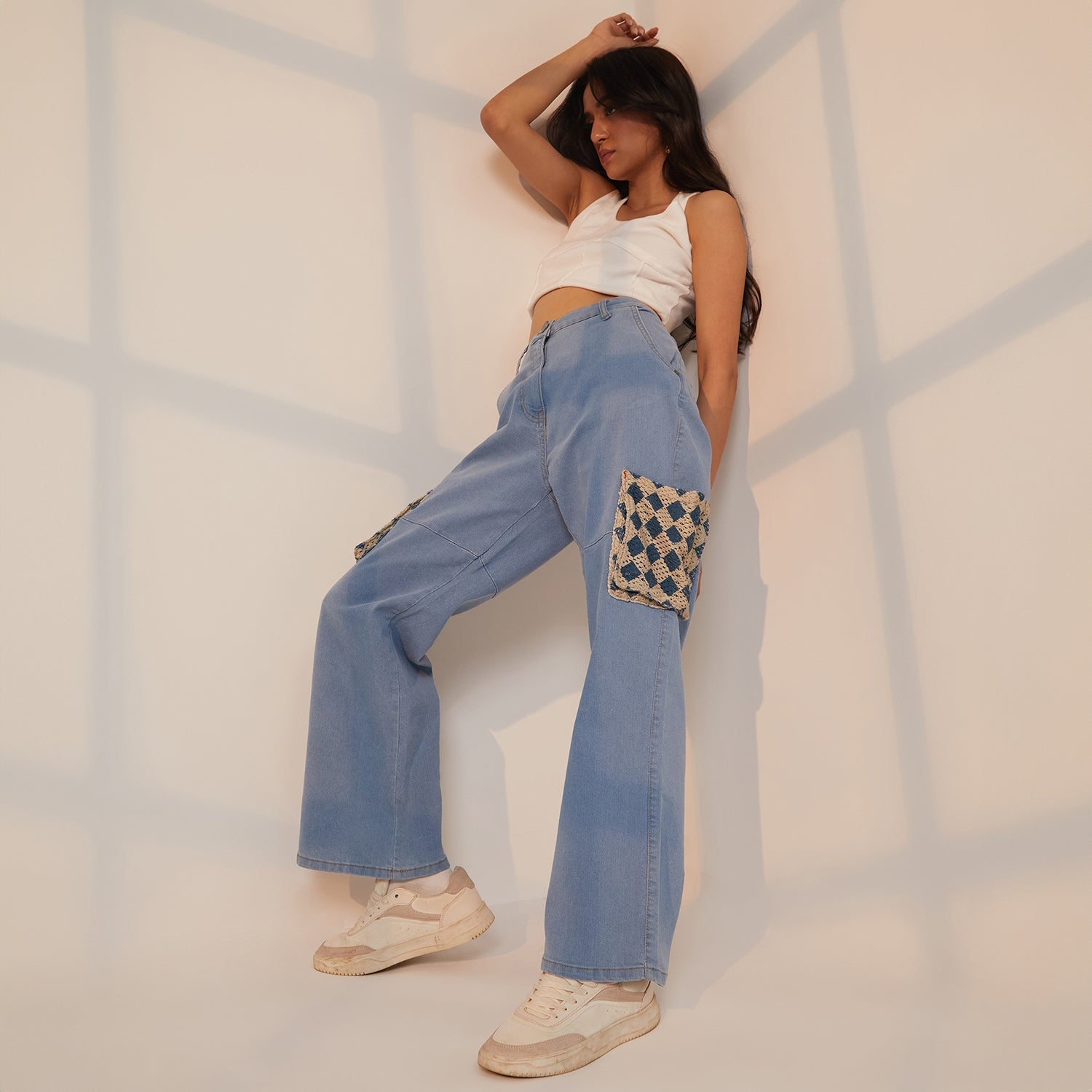 Women Blue Contrast Patch Denim Jeans