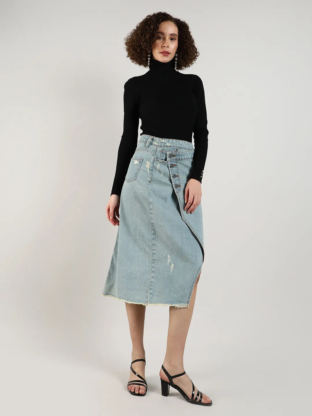 Women Blue Midi Denim Skirt