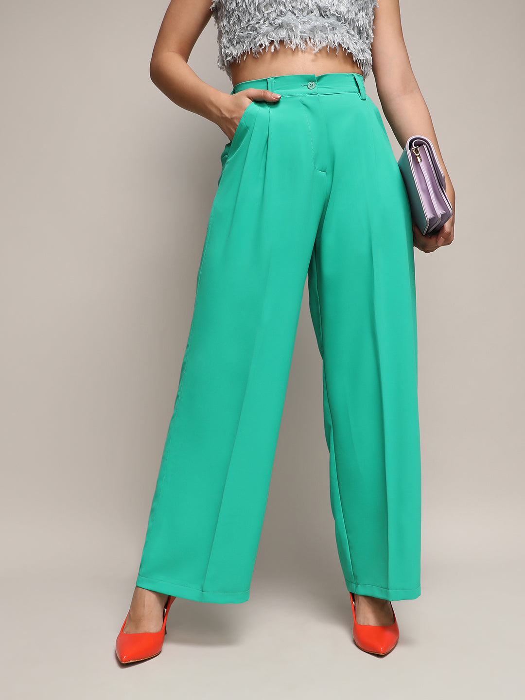 Women Green Straight Fit Tailored Trousers