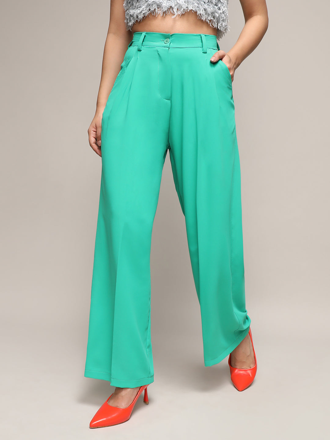 Women Green Straight Fit Tailored Trousers