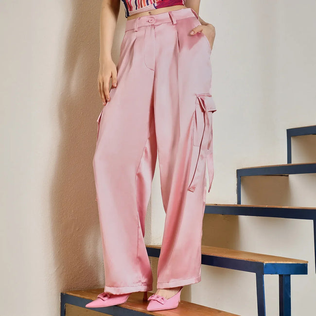 Women Pink Boxy Satin Cargo Pants