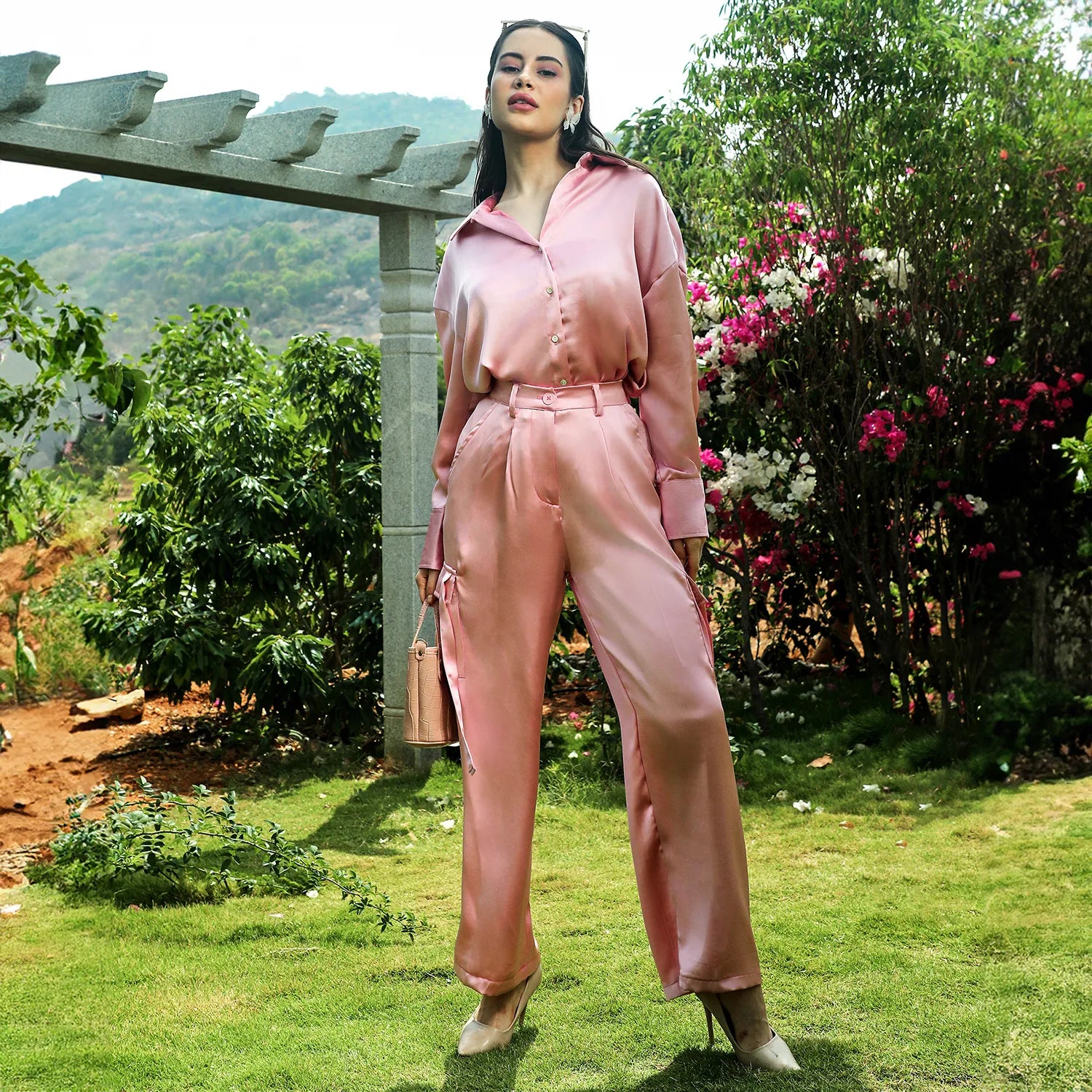 Women Pink Boxy Satin Cargo Pants