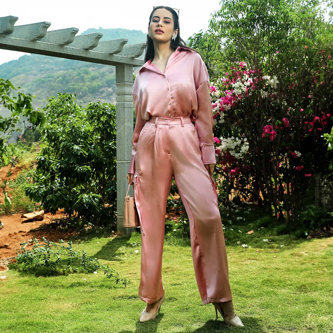 Women Pink Boxy Satin Cargo Pants