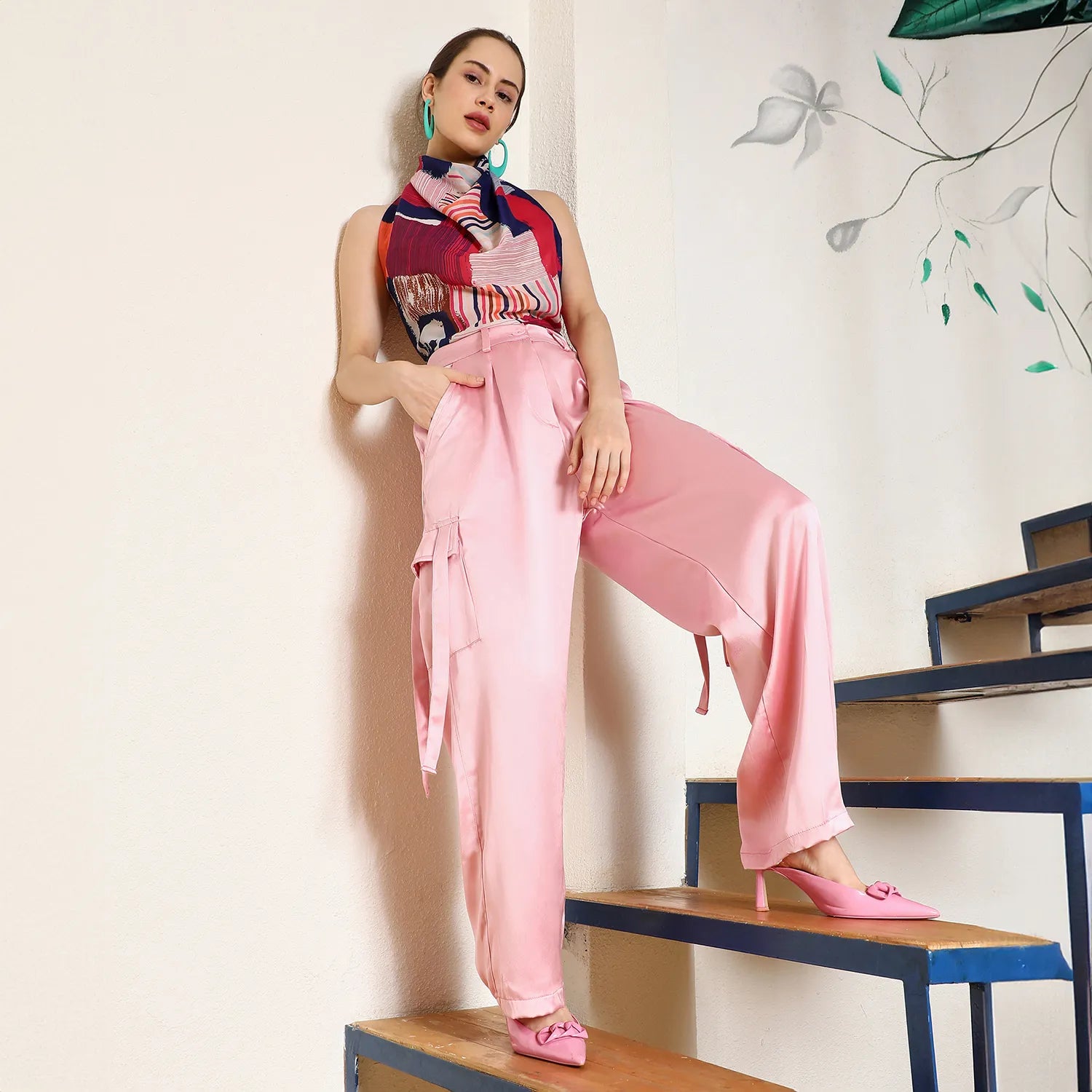 Women Pink Boxy Satin Cargo Pants
