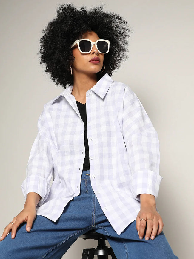 Women Purple Tartan Plaid Boxy Shirt