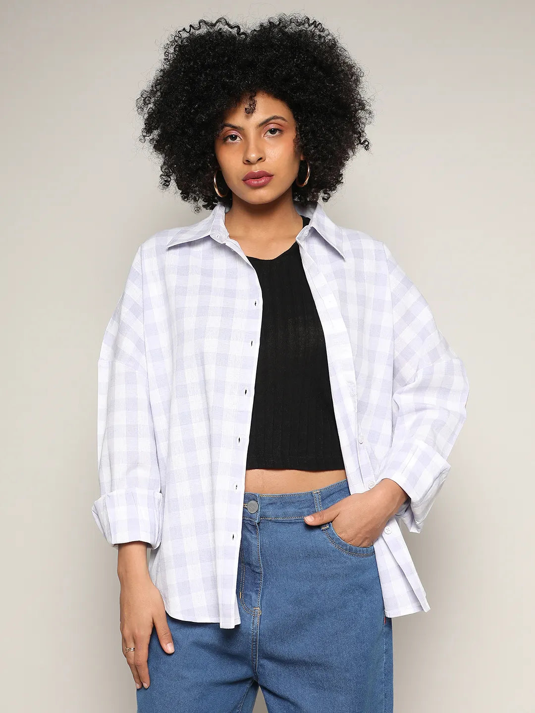 Women Purple Tartan Plaid Boxy Shirt