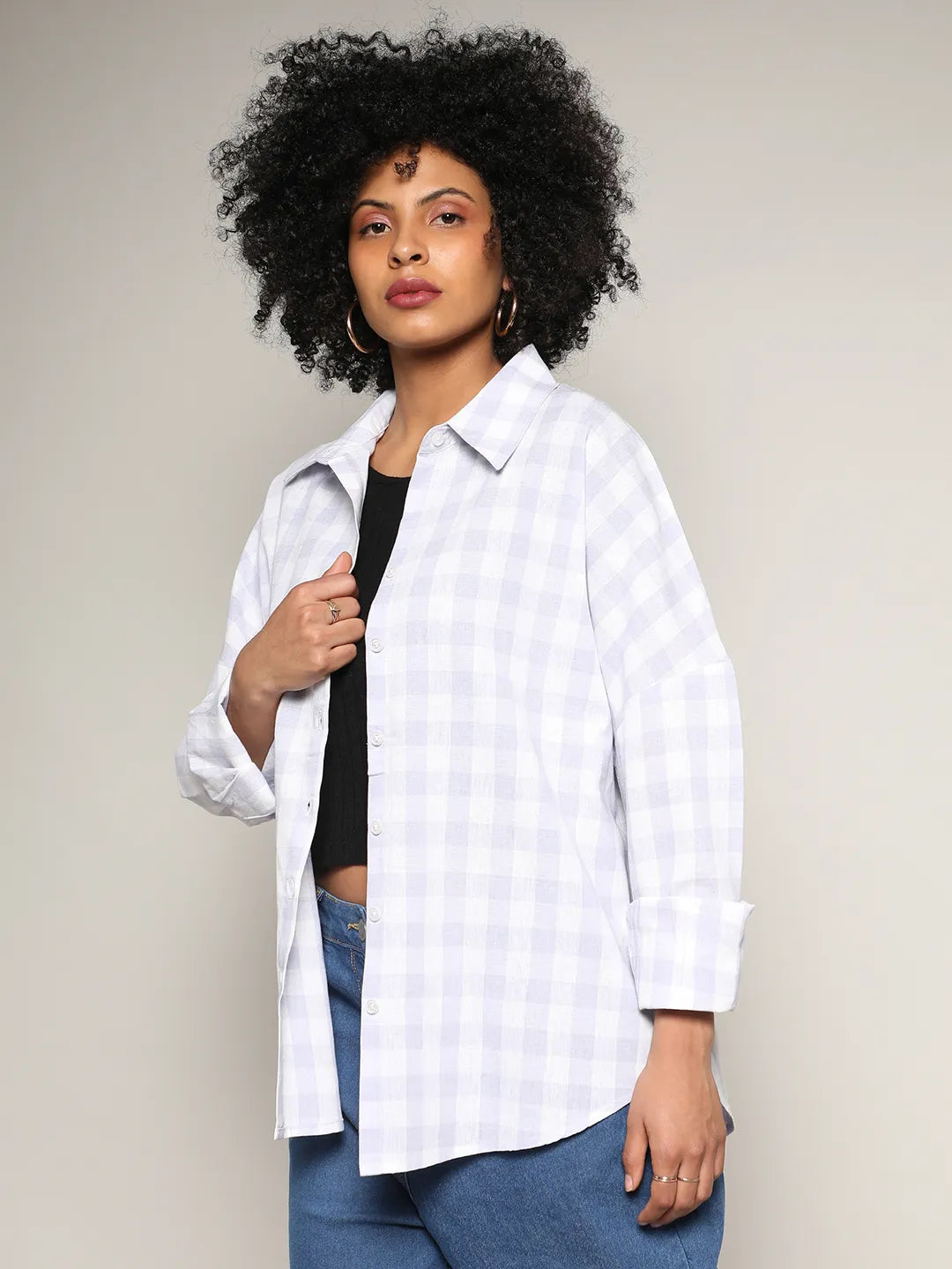 Women Purple Tartan Plaid Boxy Shirt