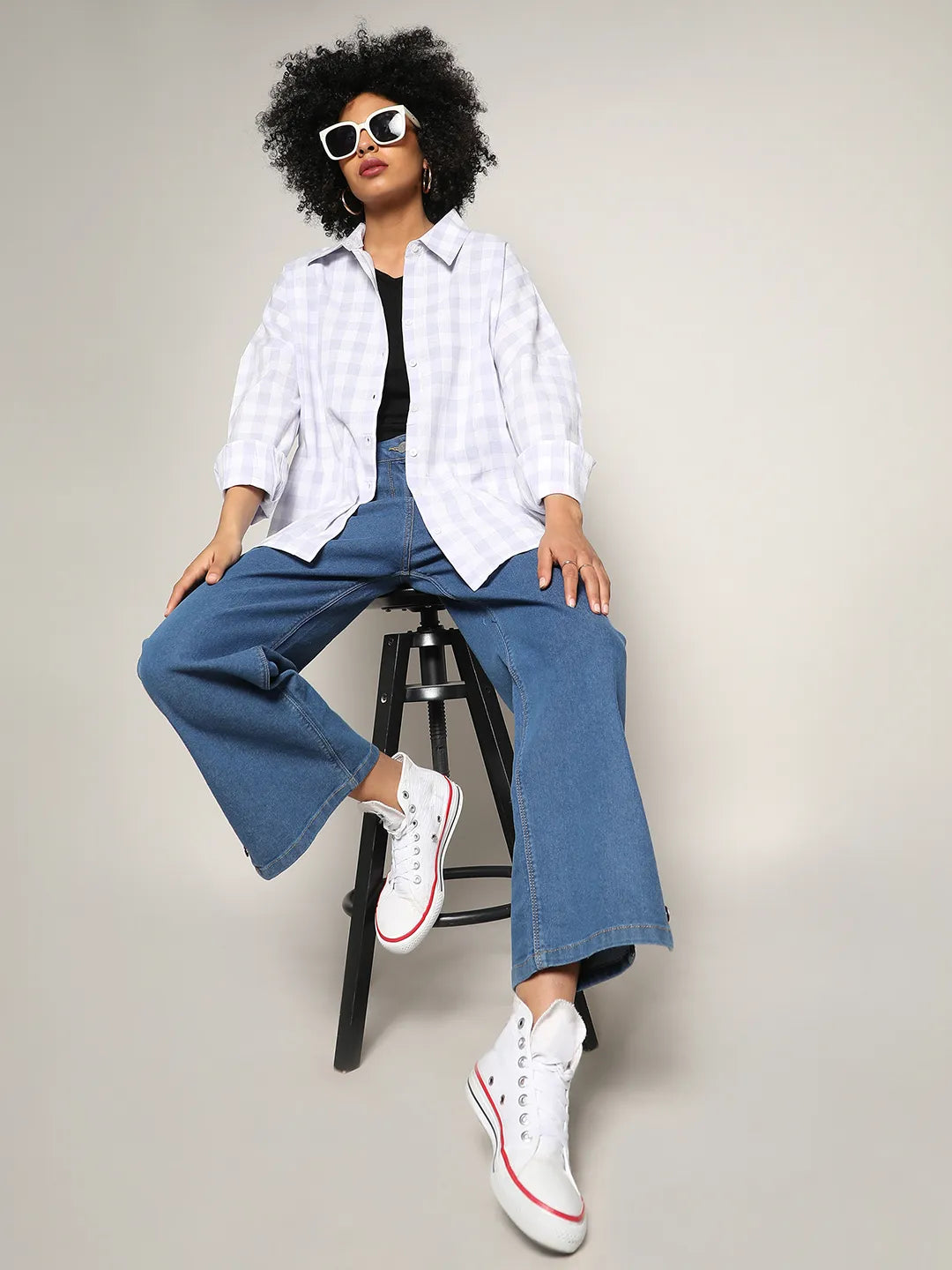 Women Purple Tartan Plaid Boxy Shirt