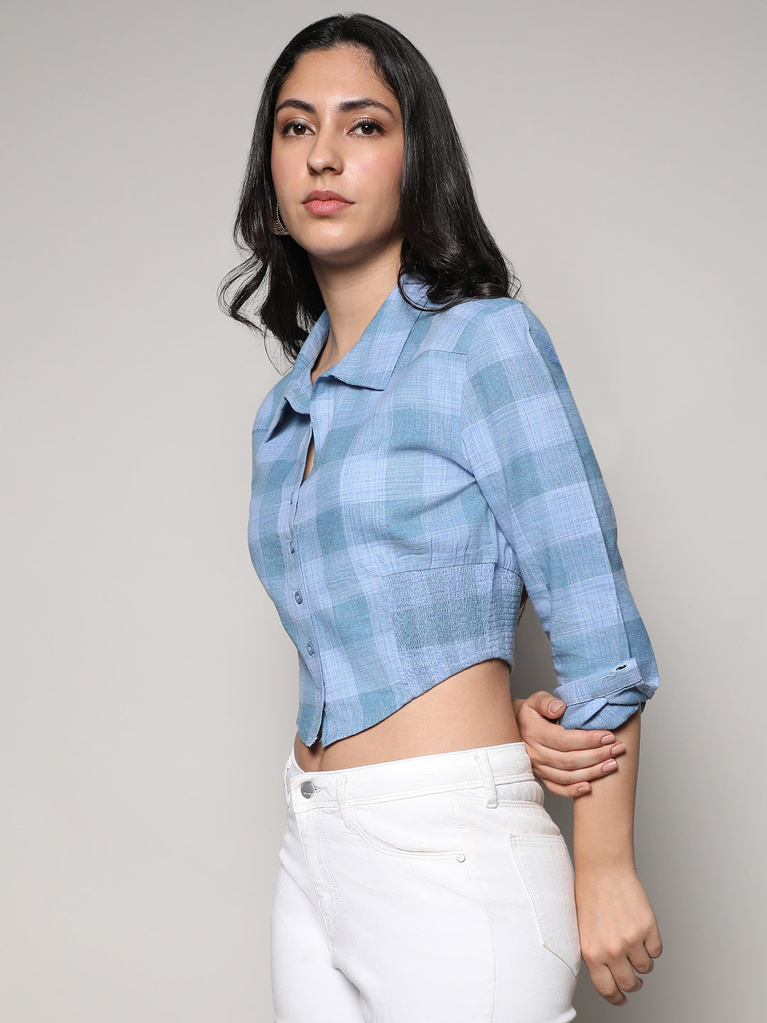 Women Blue Cropped Shirt