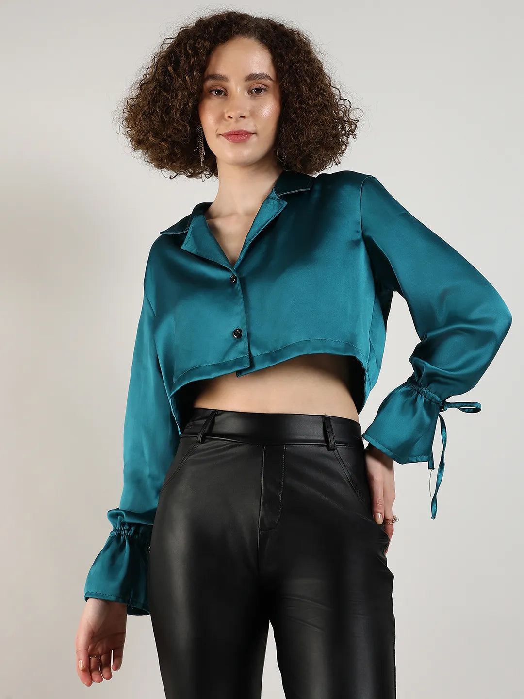Women Green Satin Boxy Crop Shirt