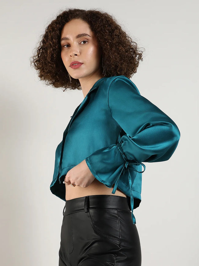 Women Green Satin Boxy Crop Shirt