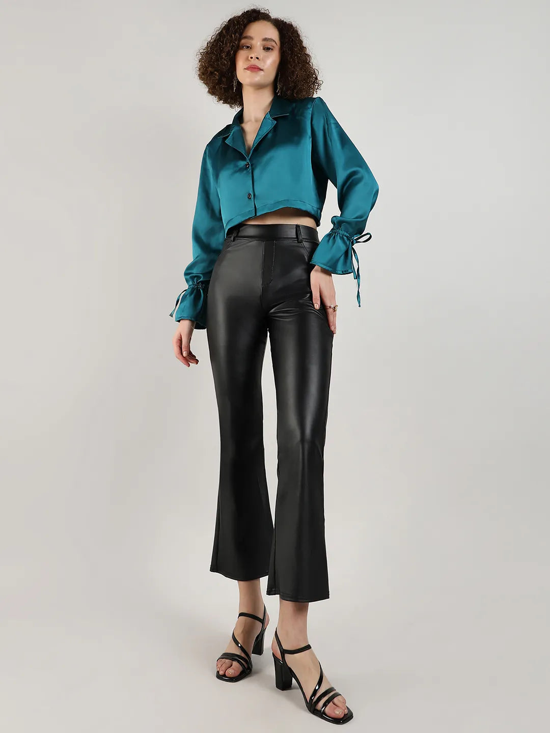 Women Green Satin Boxy Crop Shirt