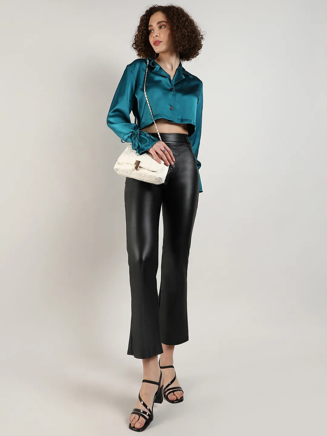 Women Green Satin Boxy Crop Shirt
