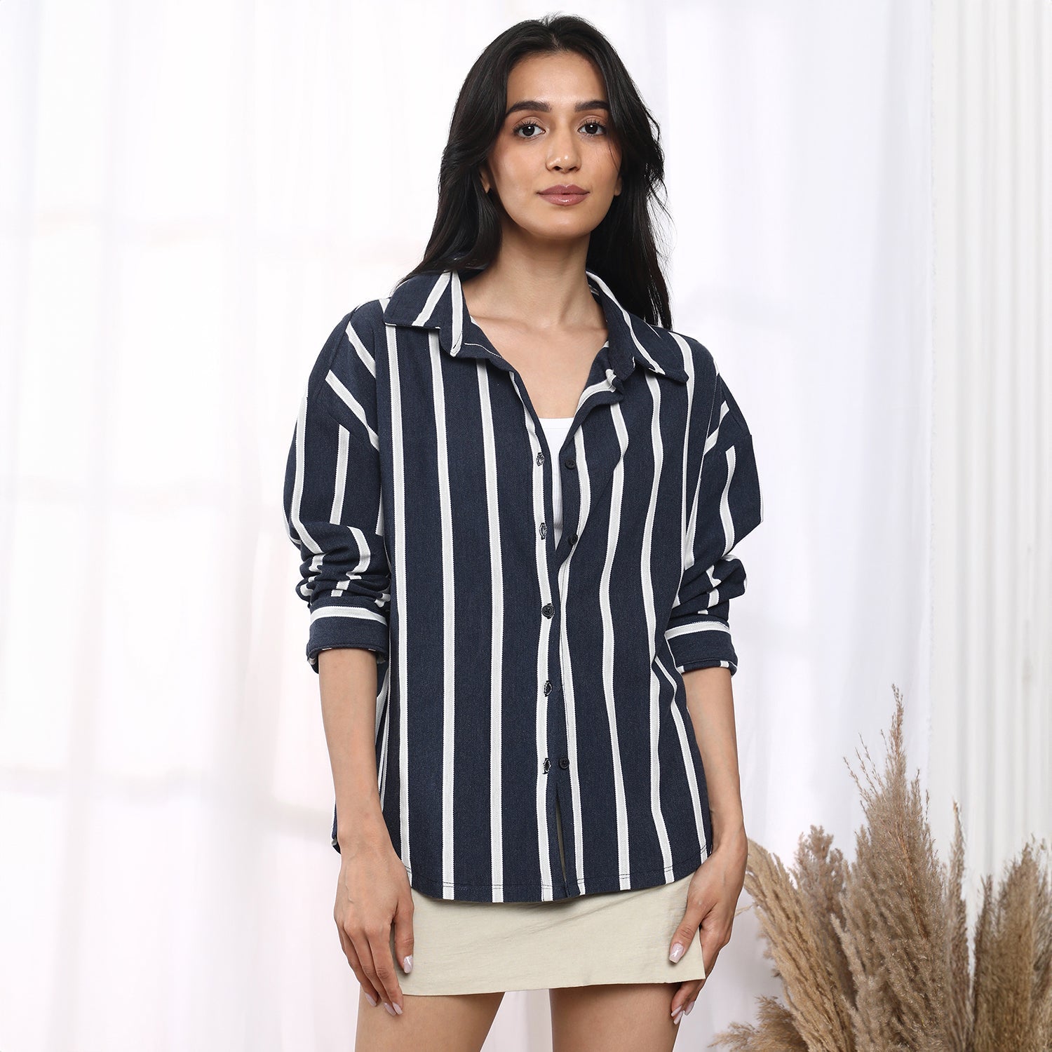 Women Blue Striped Boxy Shirt