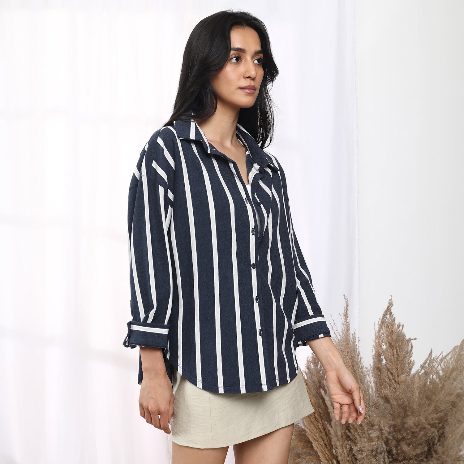 Women Blue Striped Boxy Shirt