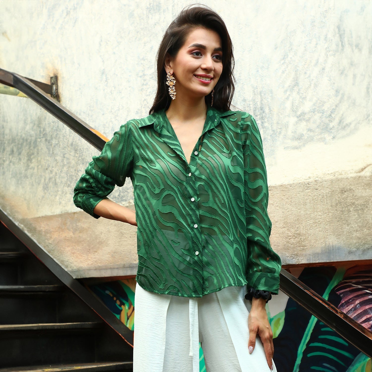 Women Green Textured Sheer Shirt