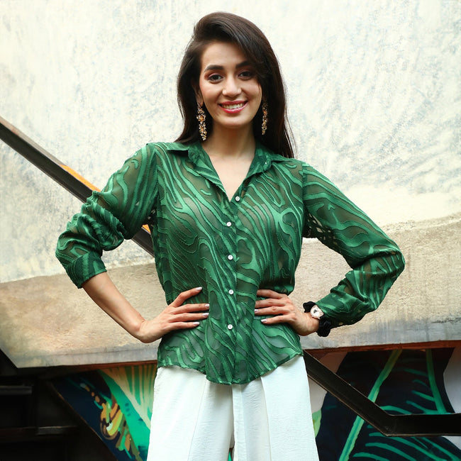 Women Green Textured Sheer Shirt