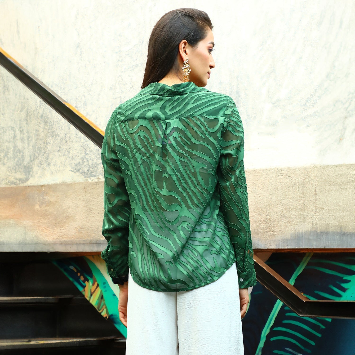 Women Green Textured Sheer Shirt