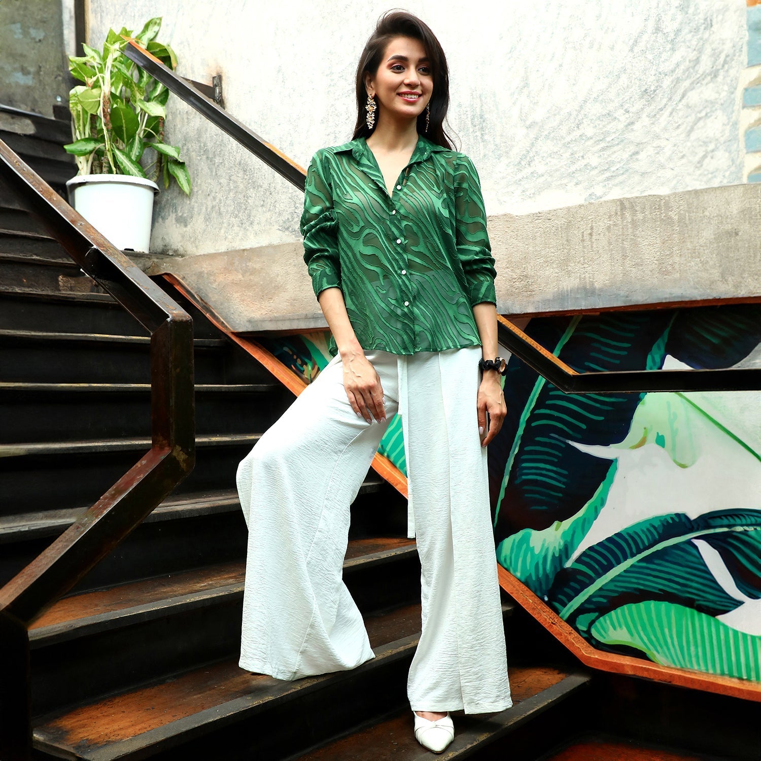 Women Green Textured Sheer Shirt