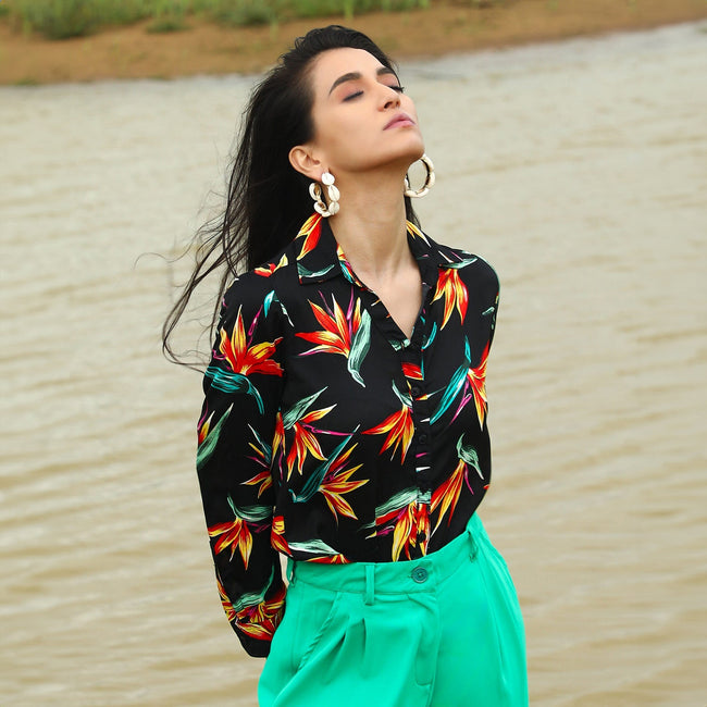 Women Black Wild Foliage Shirt