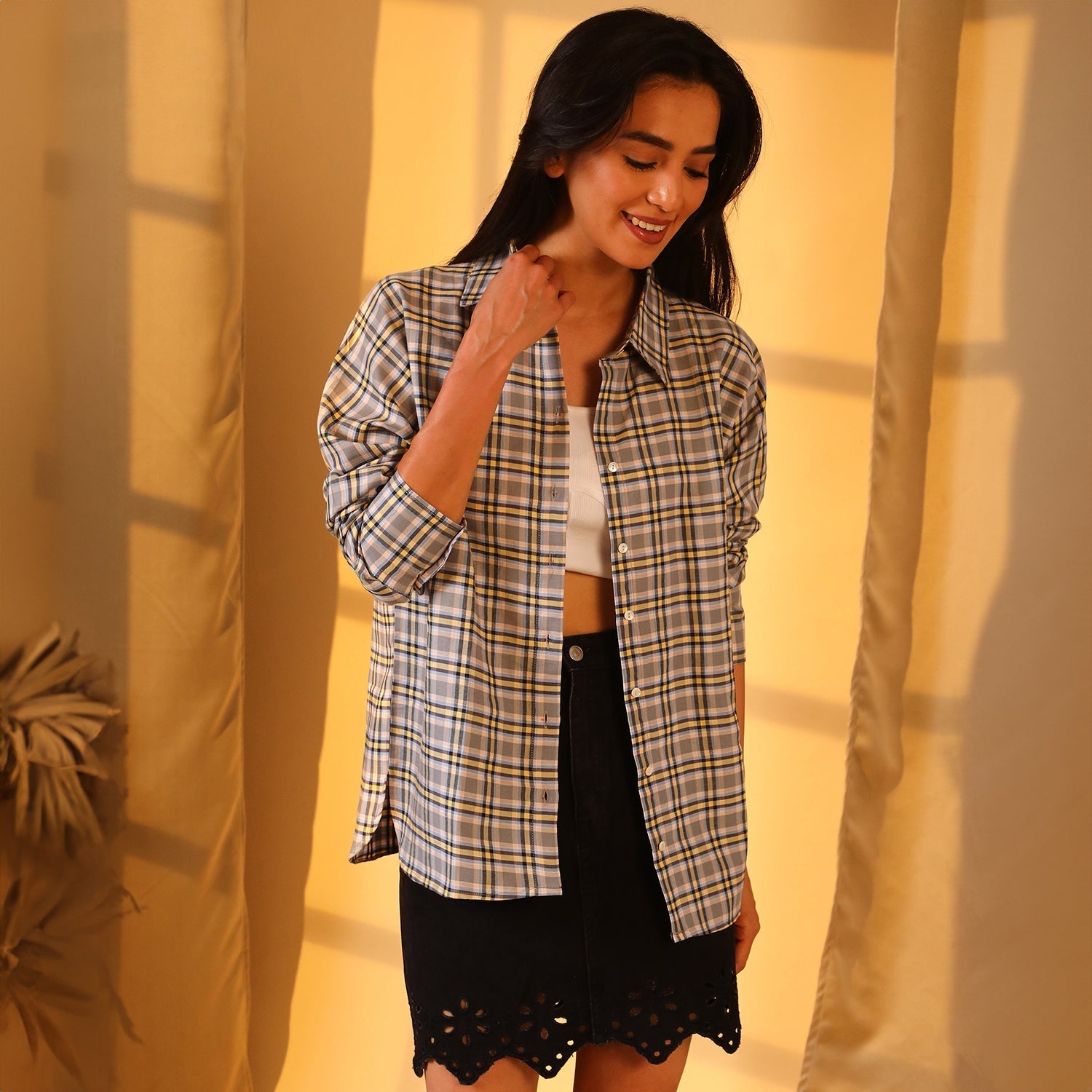 Women Grey Tartan Plaid Boxy Shirt