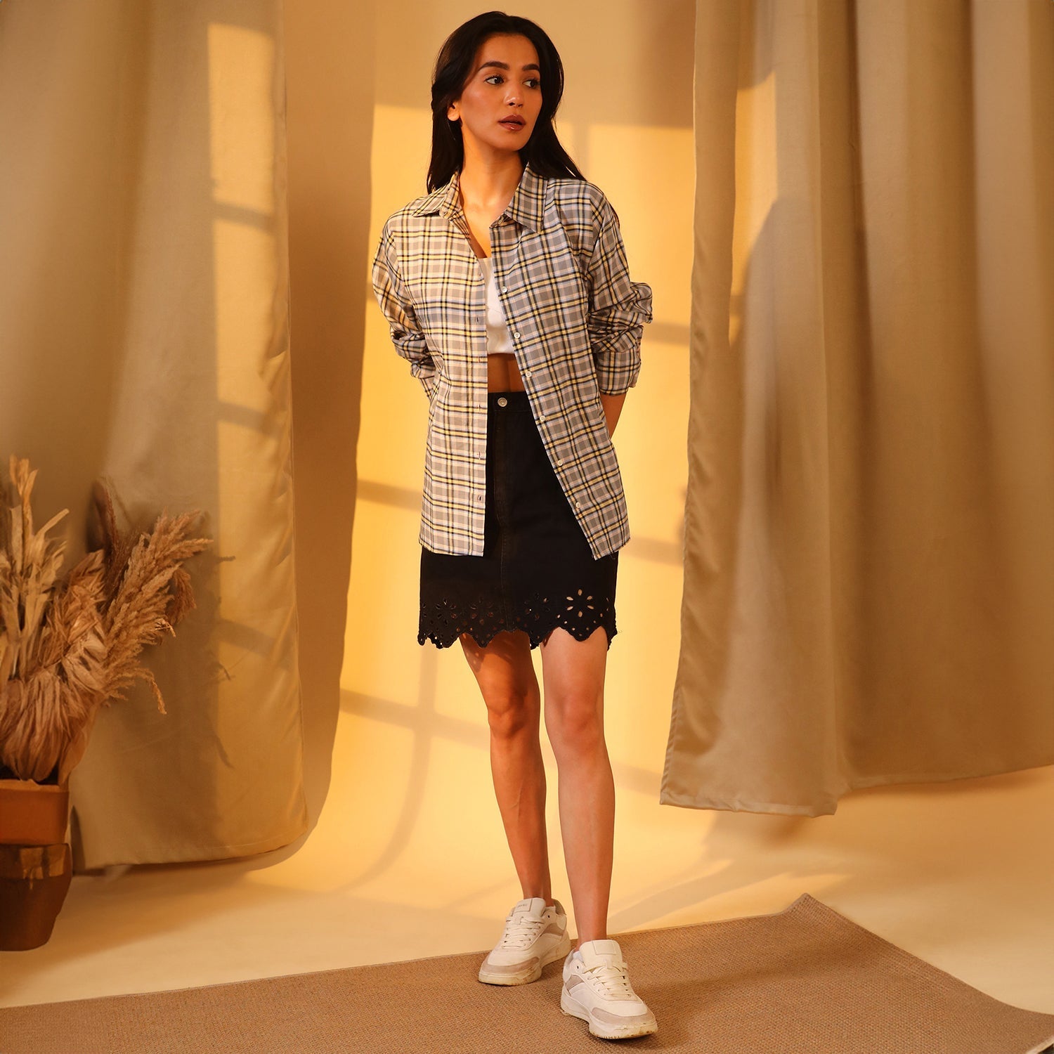 Women Grey Tartan Plaid Boxy Shirt