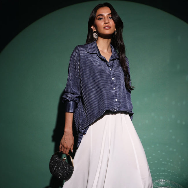 Women Blue Textured-Pleat Shirt