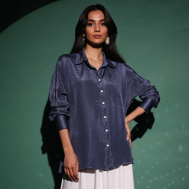Women Blue Textured-Pleat Shirt