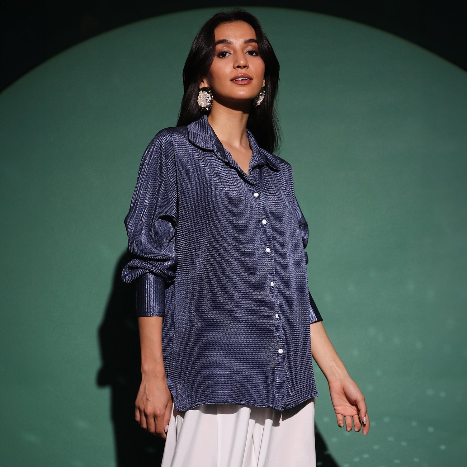 Women Blue Textured-Pleat Shirt