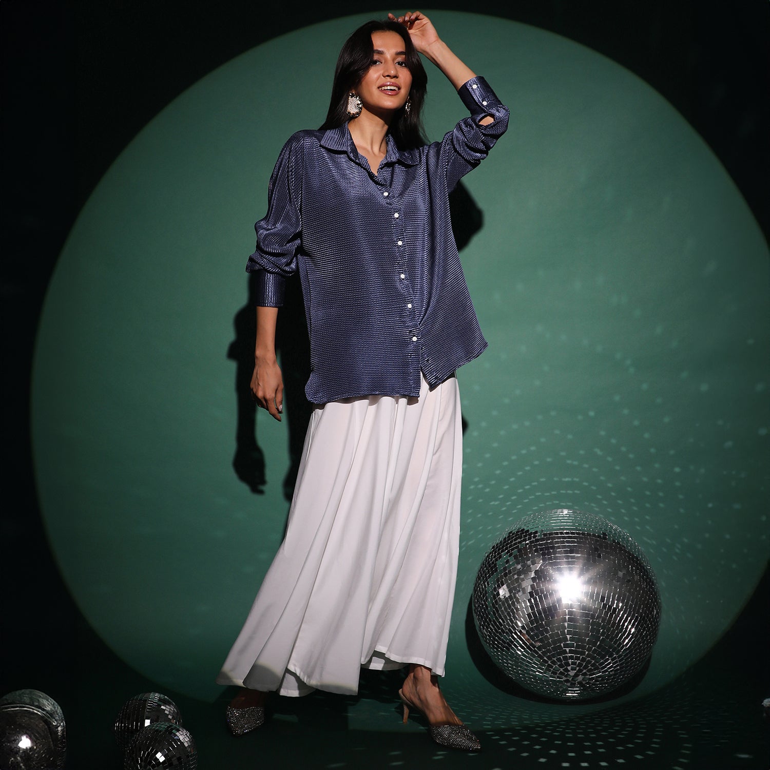 Women Blue Textured-Pleat Shirt
