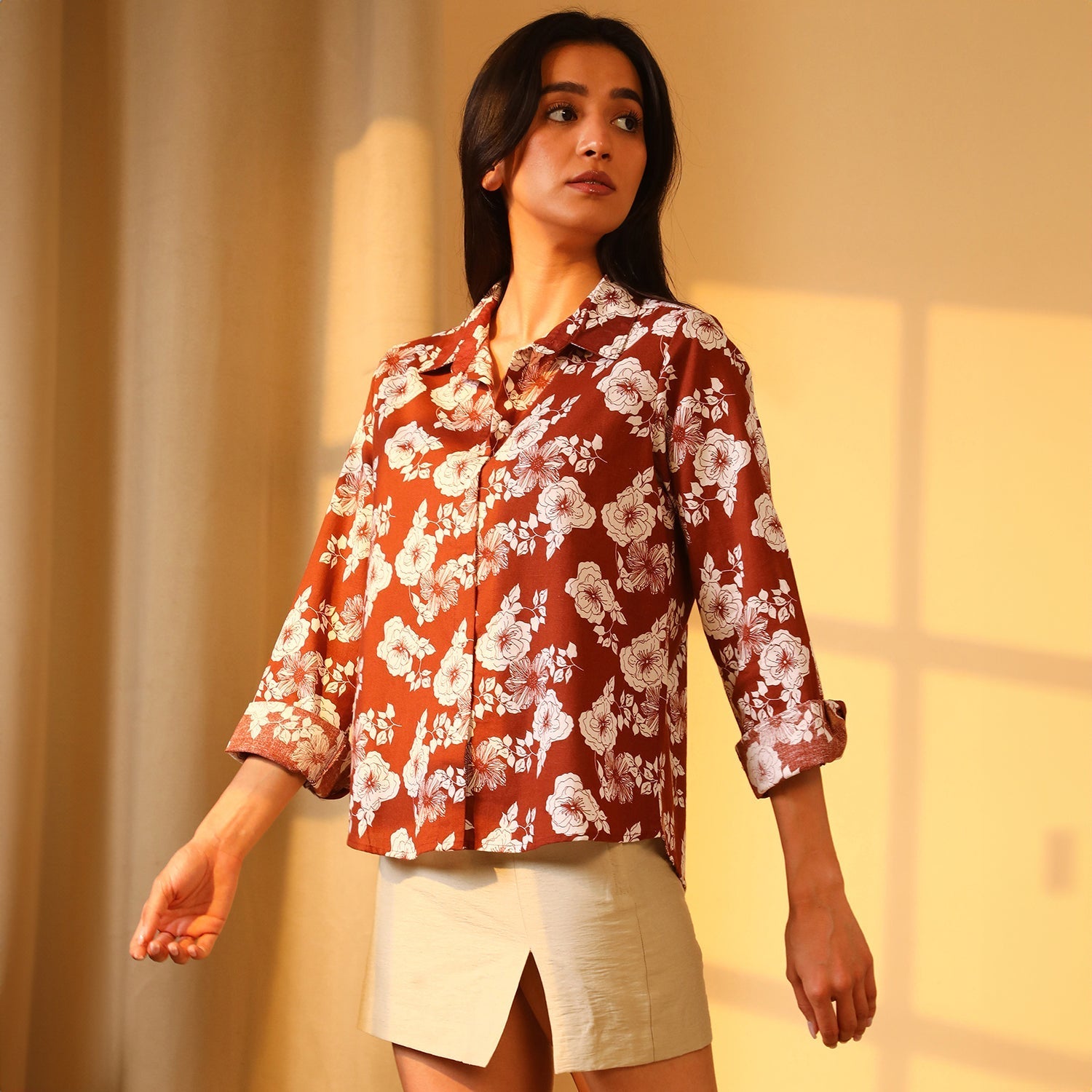 Women Brown Floral Print Shirt