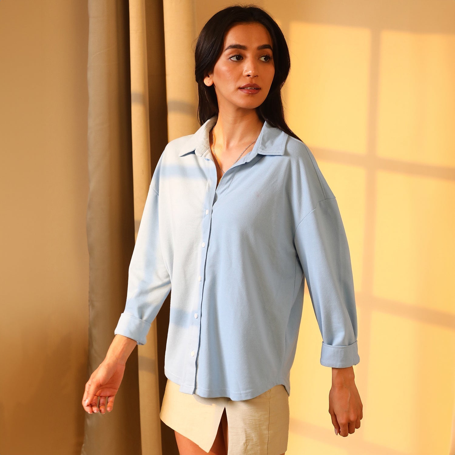 Women Blue Solid Boxy Shirt