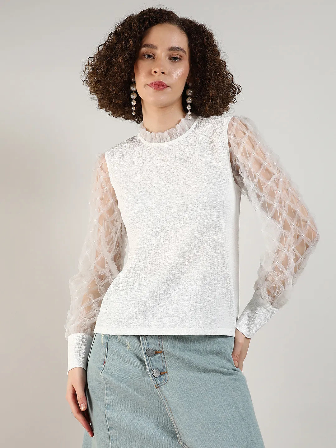 Women White Sheer Block Top