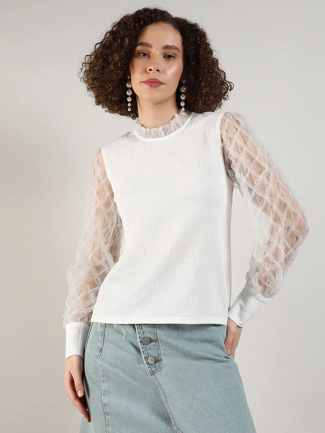 Women White Sheer Block Top