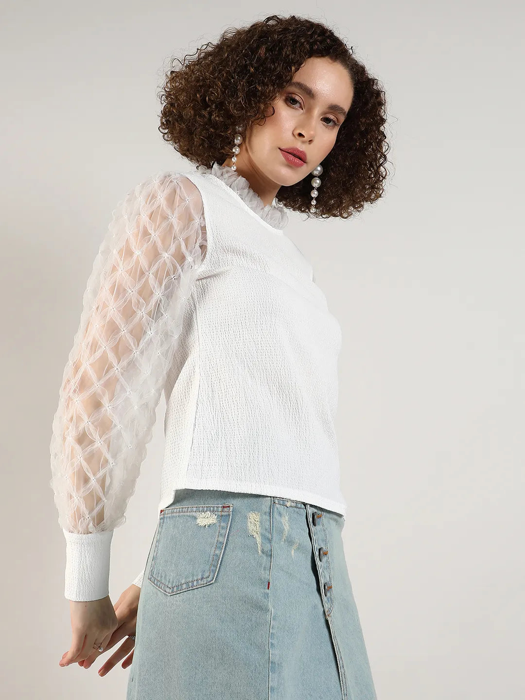 Women White Sheer Block Top
