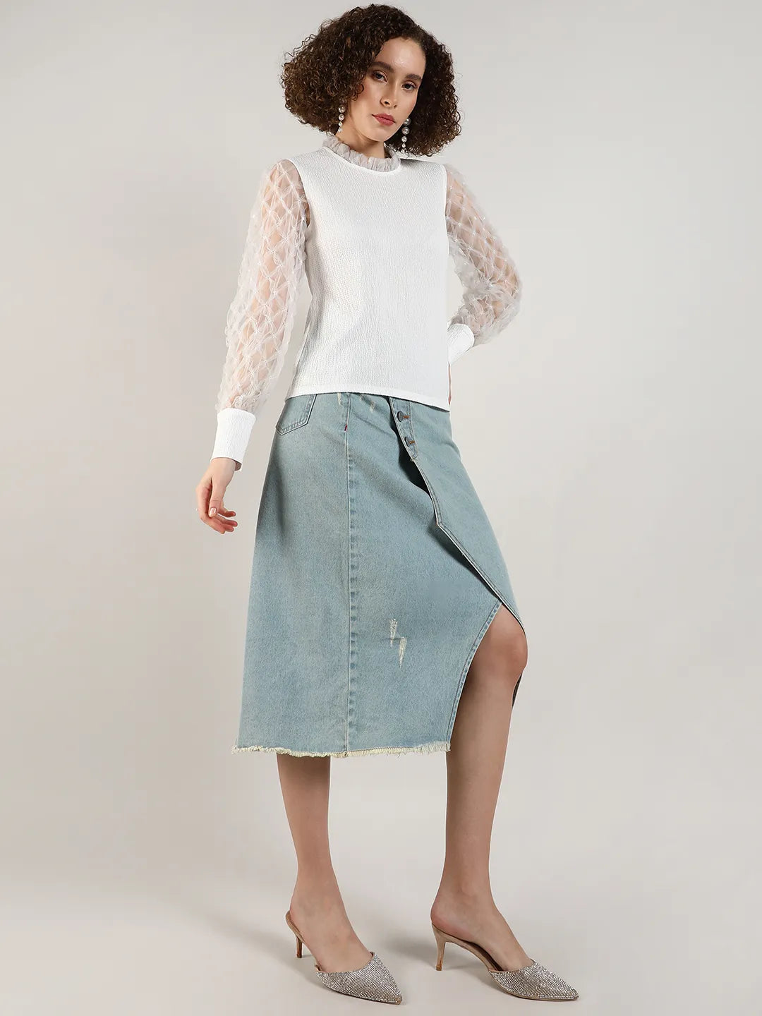 Women White Sheer Block Top