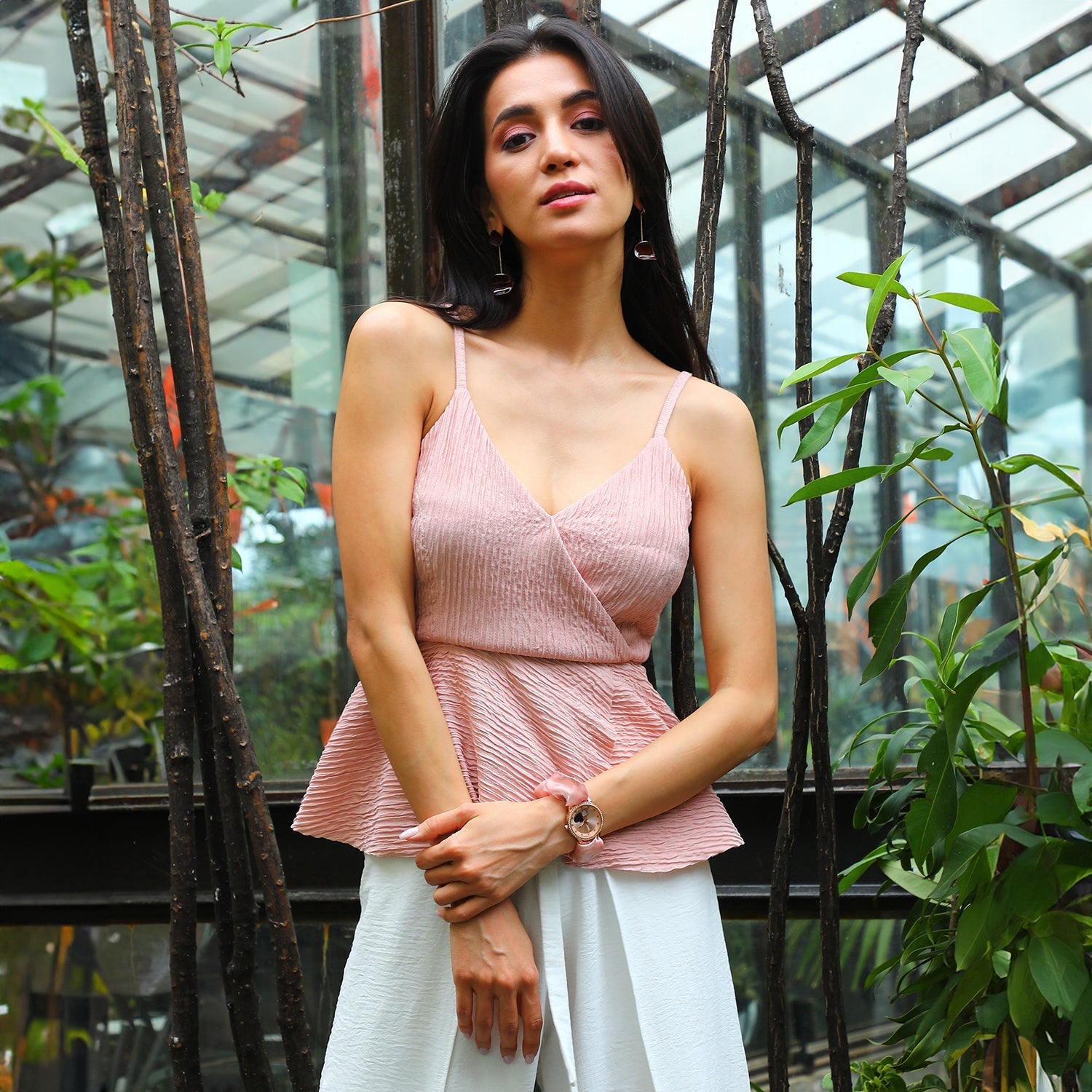 Women Pink Ripple Peplum Top