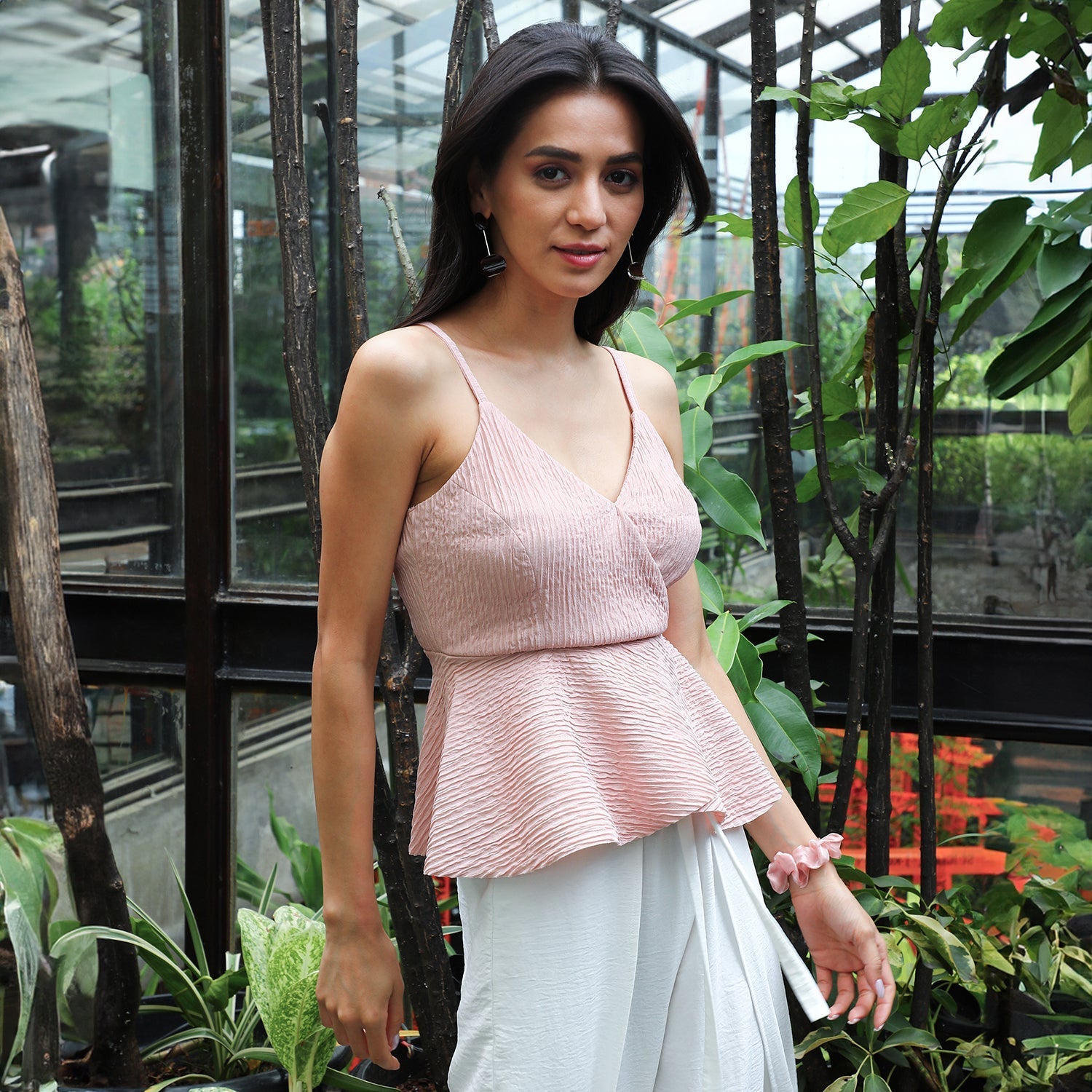 Women Pink Ripple Peplum Top