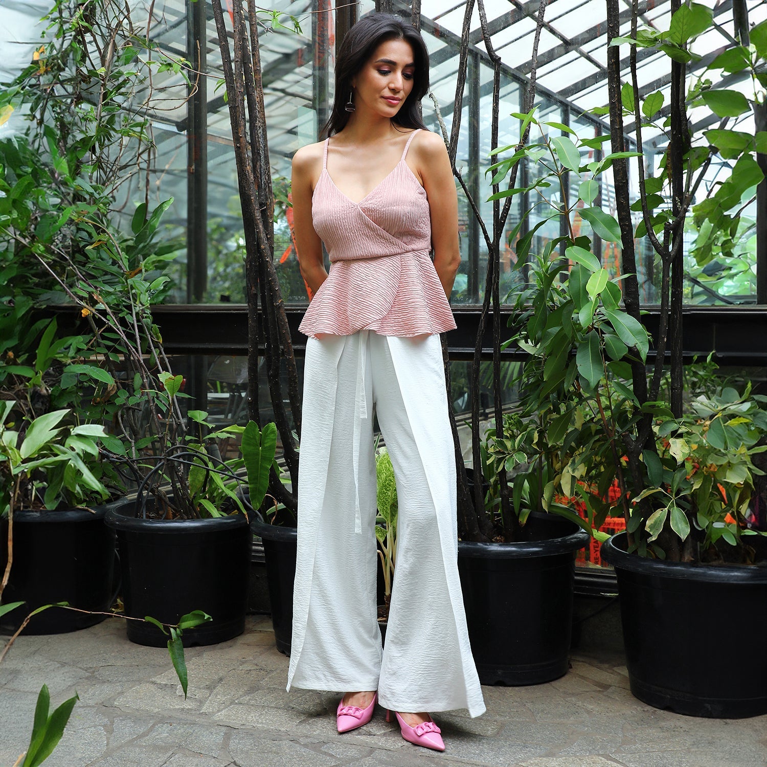 Women Pink Ripple Peplum Top