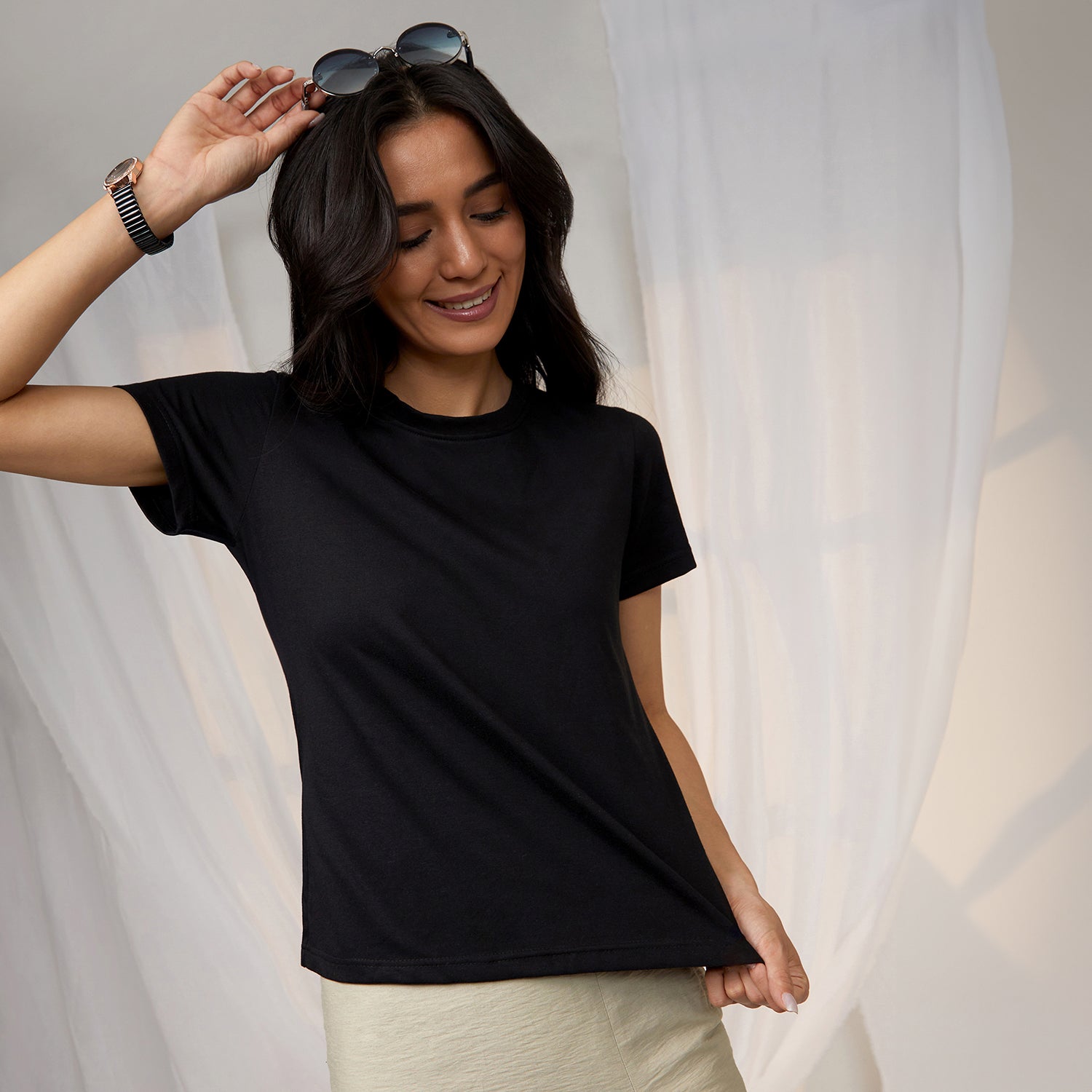 Women Black Solid Regular Fit Top