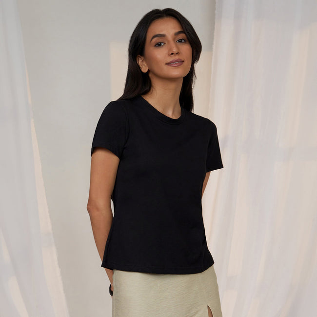 Women Black Solid Regular Fit Top