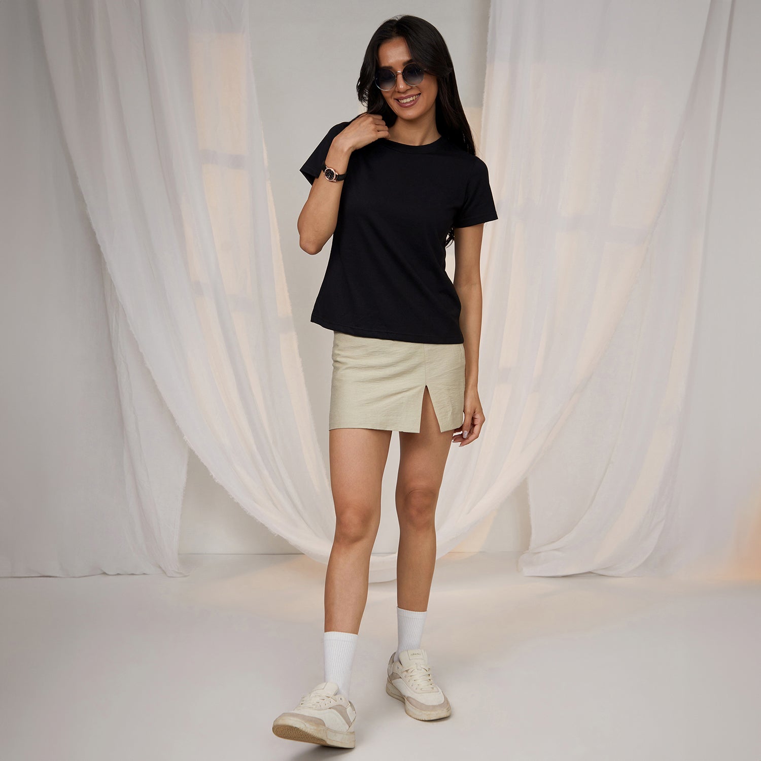 Women Black Solid Regular Fit Top