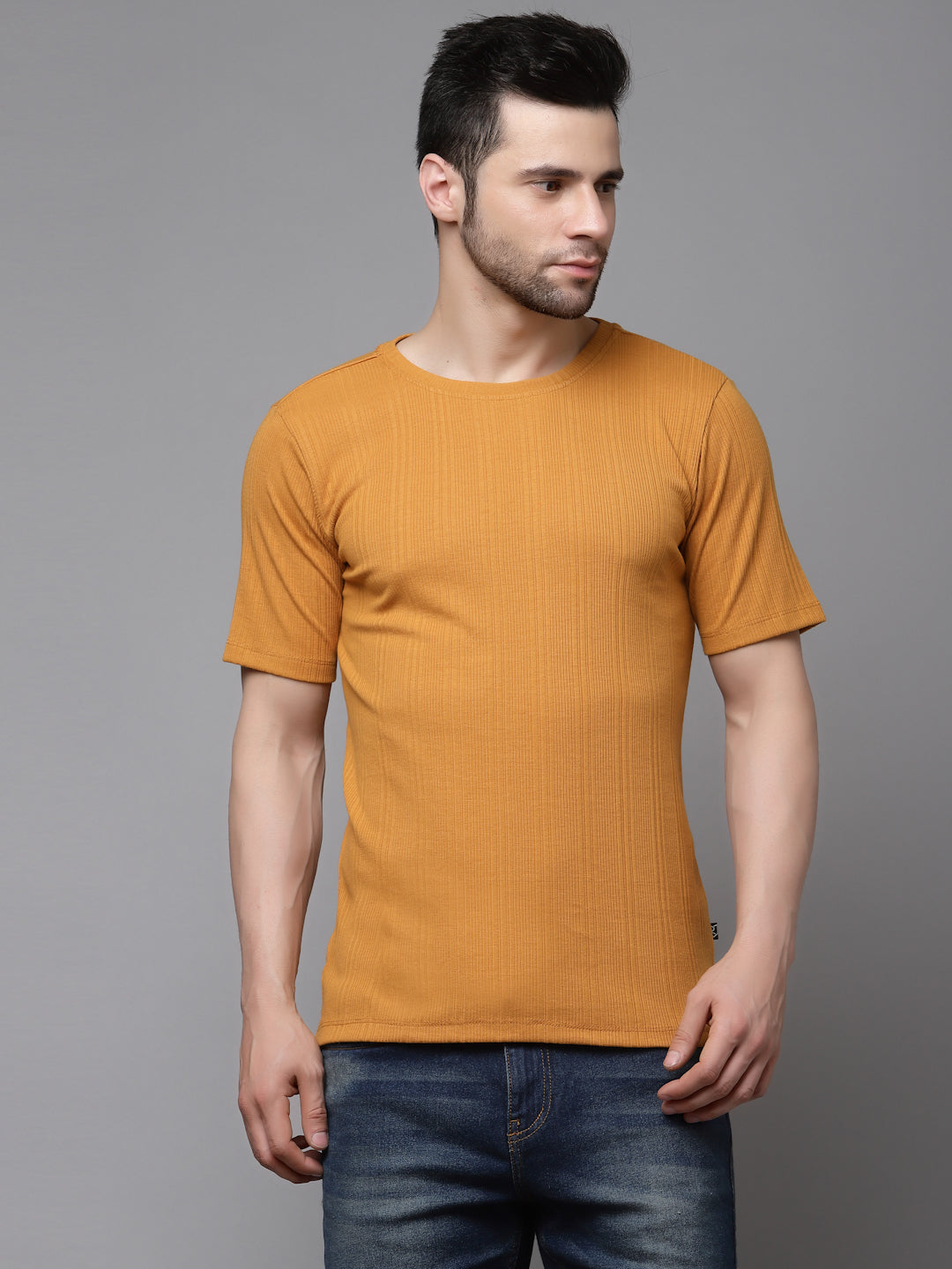 Men Drop Needle Self Textured Half Sleeves Tshirt