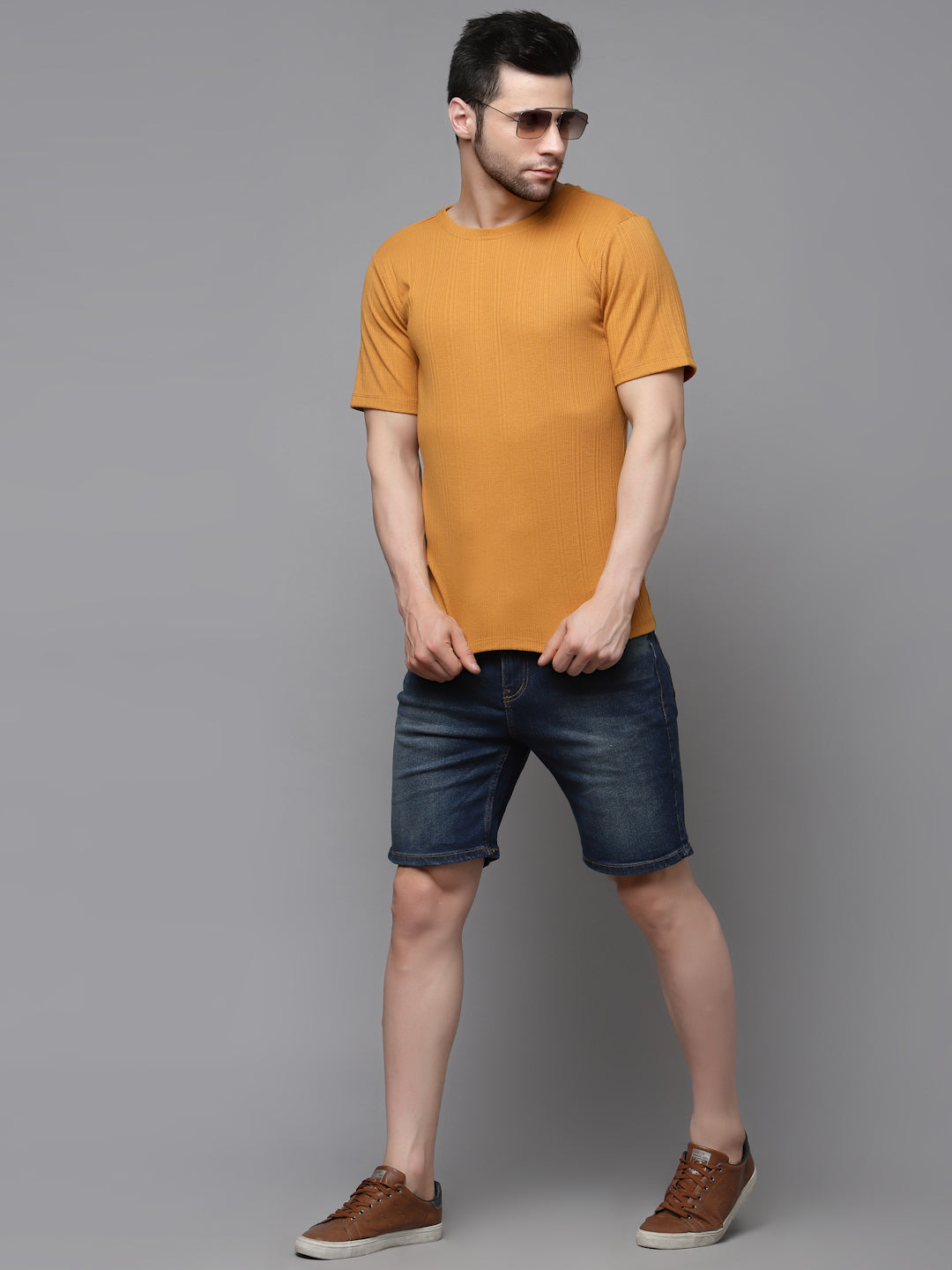 Men Drop Needle Self Textured Half Sleeves Tshirt